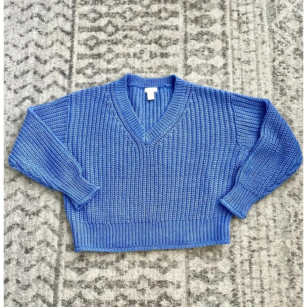 H&M Women's Chunky Knit V-Neck Sweater Periwinkle Blue Slouchy Size M Excellent!